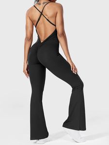 Kobiety stałe kolory kombinezon spaghetti pasek rękawowy BodyCon Bodycon Rompers Podnty Flare Pants Cross Backless Playsuits Streetwear 240409