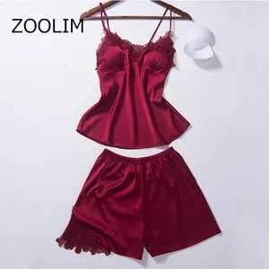 Roupas em casa Zoolim 6 Cores Pijama Conjunta Pijama Mulheres com almofadas de peito Sexy Setin Sleepwear