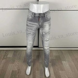 Men's Jeans Strt Fashion Men Jeans High Quality Retro Gray Stretch Skinny Fit Ripped Jeans Men Patched Designer Hip Hop Brand Pants Hombre T240409