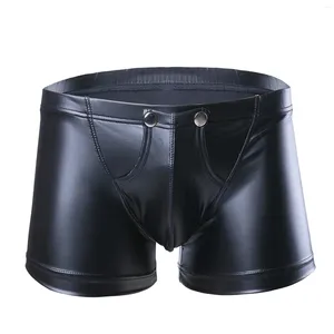 Underbyxor Herrboxarehorts Shorts Pu Leather Bodycon Comfort Boyshorts Knickers Underware Högkvalitativ kroppsbyggande Gym Intim Calzones