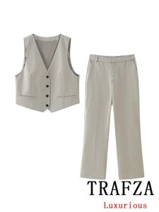 Trafza Vintage Office Lady Solid Women Suit vneck 싱글 가슴 조끼 스트레이트 느슨한 바지 패션 스프링 캐주얼 세트 240329