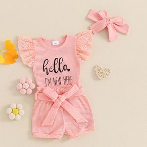 Kleidungssets geborene Baby -Mädchen Kleidung Sommer Strampler Rippenhülsen Bodysuit Shorts mit Gürtel Stirnband 3pcs Outfits Set Set