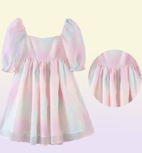 Tiedyed Rainbow Organza Dress Aline Puff Sleeve Cute Summer for Women Skater Short Party Holiday 2104278552938