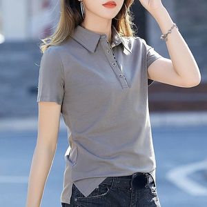 Polo Nackenhemden für Frauen Knopf Tops einfach T -Shirt Frau Kurzarm Tee Kleidung Cotton Polyester Luxus mit Kragen süße V 240409