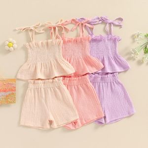 Clothing Sets Baby Cute Kid Clothes Girls Summer 2 Piece Solid Color Bandage Sleeveless Camisole Tops And Elastic Shorts Set