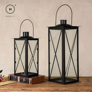 Candle Holders Homlly Faux Plants Black Metal & Glass Indoor Lantern
