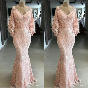 Yousef Aljasmi 2024 Evening Dresses V Neck Lace Appliqued Pink Feather Mermaid Prom Gowns Long Sleeves Sweep Train Special Occasion Dress