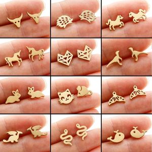 Brincos de garanhão fofo dinossauro de aço inoxidável dourado para mulheres Minimalist Animal Earings Studs Kawaii Acessório Brinco