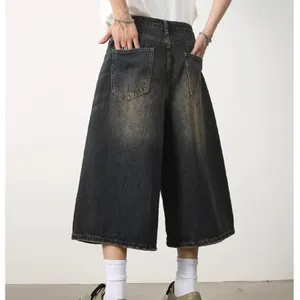 Men's Jeans 2024ss Retro Distressed Denim Shorts for Summer Thin and Loose Oversized Straight Leg Wide Cropped Pants