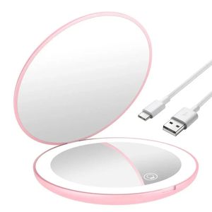 Mini Portable Folding Travel Pocket Makeup Mirror With LED Light Round Handheld Compact 10X förstorande rosa svarta fåfängspeglar 240409