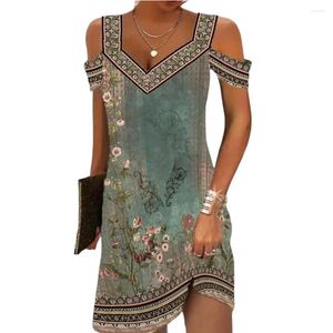 Abiti casual Donne estive Floral Tribal Stampa Abito a V-Neck Female Cold Show a Line Mini Vintage Streetwear Woman Robe