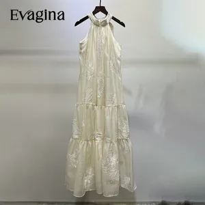 Casual Dresses Evagina Runway Design Spring/Summer Dress Women's Round Neck Bow Embroider ärmlös off-the-shoulder Loose Holiday