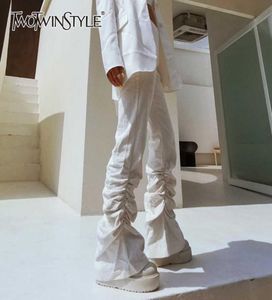 TwotWinstyle White Cord Flare Pants for Women High talle swobodne zrastanie luźne proste spodnie moda nowa odzież Q0809498378