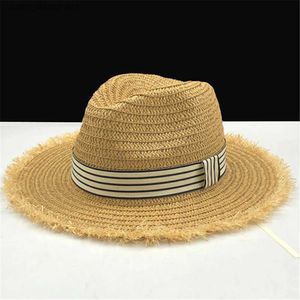 Chapéus de balde de aba larga chapéus 2019 garotas simples raffia chapéus para mulheres listras lacas de fita up grande chapéu de palha de palha ao ar livre taps de verão Chapeu feminino y240409