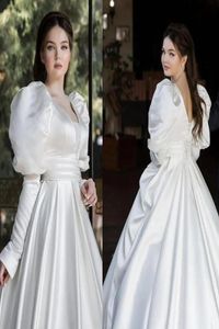 Designer elegant bröllopsklänning puff långa ärmar fulllängd prinsessklänning matt satin med mjukt midjeband plus storlek brudklänning 7547650