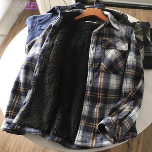 Men's Casual Shirts Mens Winter Fleece Linend Warm Plaid Shirt Jacket Long Sleeve Flannel Checked Men Western Cowboy Button Up Chemise