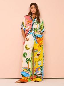 2024 Summer NEW ALEMAIS Women Holiday Casual Printed Coconut Trees Short Sleeve Shirt Blouse Top Loose Long Pants 2 Piece Set Summer Beach Outfits Suit