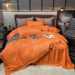 Bedding Sets 2024 Four-piece Simple Cotton Double Household Bed Sheet Quilt Cover Embroidered Twill Comfortable Orange Color