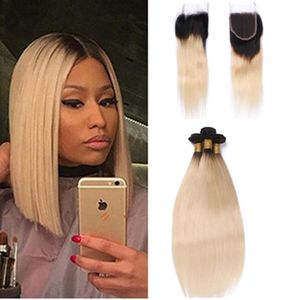 9A Unprocess Two Tone 1B 613 Ombre Brazilian Virgin Human Hair Weaves With Closure Frontal Straight Blonde Ombre Lace Closure With5987907