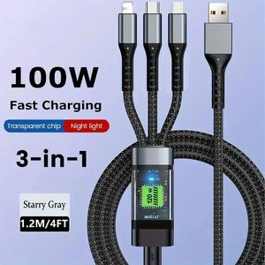 3 em 1 100w transparente carregamento rápido tipo C Micro USB para iPhone 15 Samsung Huawei Pilot Lamp Charger USB C 6A Cabo de dados