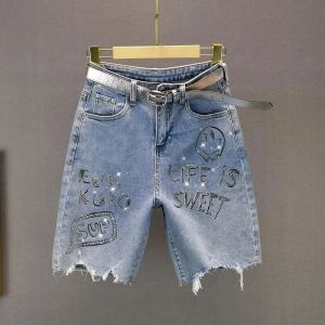 Letter Rhinestone Ripped Knee-Length Denim Pants For Women 2022 Summer New Light Blue High Waist Slim Fit Short Jeans Ropa Mujer