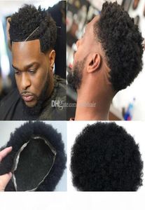Män peruk Menshårstycken Afro Curl Full spets Toupee Jet Black Color 1 Brasilianskt människosystem Män hårbyte för svart M1476162