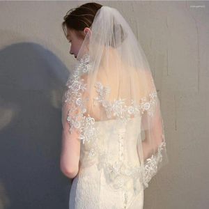 Bridal Veils Lace Wedding For 2-Tier Appliqued Short Waist Length Bride Veil With Comb Soft Tulle