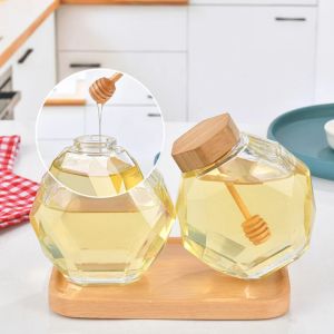 Jarra de mel hexagonal de 200/380 ml com garrafa de vidro de tampa de madeira com haste de agenda ferramentas de armazenamento de cozinha de armazenamento conveniente