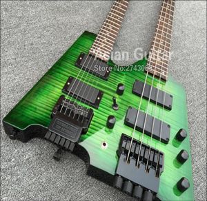 Green Dark Flame Maple Top Headless Double Neck Electric Bass Guitar 6 Strings 4 Strings Black Hardware Tremolo Bridge2811375