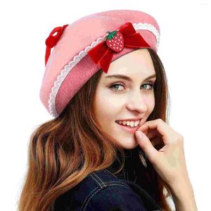 Berets Women Beret Hat Strawberry Bow Decorative Cap French Style Wool Warm Clothing Accessory