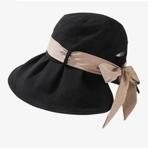 女性用の夏の帽子ソリッドカラーワイドブリムフィッシャーマンキャップアウトドアサンシェードサンハットボウUV保護sunhat240409