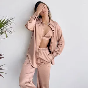 Women's Two Piece Pants 2024 3 Set Satin Silk Turn Down Collar Long Sleeve Tops Bra Women Sets With Casual Pajamas Female Solid Home Wear