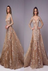 Tony Chaaya Vintage Mermaid Prom Dresses Gold Lace Appriqued Illusion 섹시 신부 가운 분리 가능한 기차 플러스 사이즈 파티 D7680887