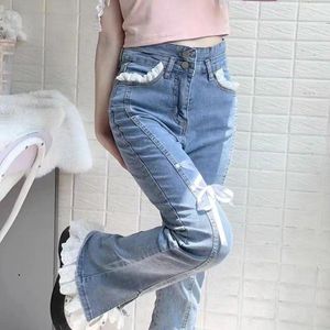 Jeans feminino doce e picante garota lolita pequena estatura renda tira outono inverno slim fit elástico dividido calças largas de perna largo