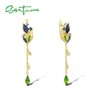 Dangle Earrings SANTUZZA Silver For Women 925 Sterling Leaves Drop Gold Color Blue Nano Cubic Zirconia Fashion Jewelry