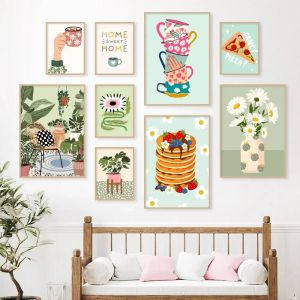 Tropische Pflanzen Daisy Vase Pizza Kaffeetasse Essen abstrakte Poster Drucke Wandkunst Leinwand Bilder Boho Küche Wohnzimmer Dekor Dekor