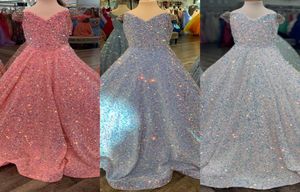 Abito da concorso iridescente ragazza 2022 paillettes di velluto perle offshoulder kid kid compleanno abito da festa formale aline per adolescenti p1879216