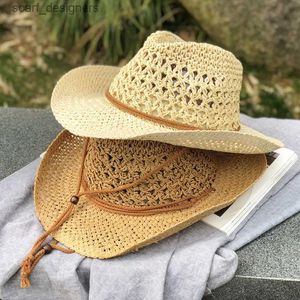 Szerokie brzegowe czapki wiadra czapki 2022 Kobiety Summer Bucket West Cowboy Straw Hat Panamas UV Protection Sun Visor Beaside Beach Hat Tide Letnie czapki Y240409