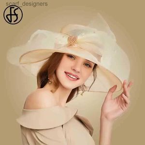 Breite Krempe Hüte Eimer Hüte fs Beige weiße Organza Breitkehne Sonnenhüte für Frauen Kirche Frauen elegante Kentucky Derby Hut Damen Big Bow Fedora Y240409