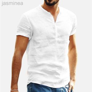 Camisas casuais masculinas camisa de linho de algodão para homem de cor curta de cola curta camisetas de colar de colarinho de colarinho de colar