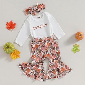 Set di abbigliamento bambine 3pcs pantaloni a manica lunga stampa per pannello floreale floreale a fascia svasata