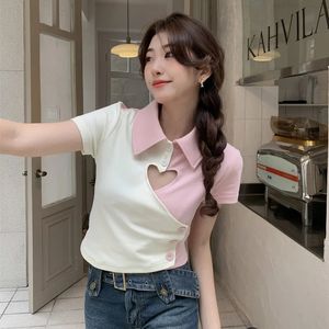 Hollow Out Love Color Collision Polo Shirt Women Summer Design Sener