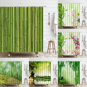 Shower Curtains Green Bamboo Fence Curtain Tropical Nature Plant Flower Spa Lotus Polyester Fabric Home Bathroom Decor Bathtub Screen Set