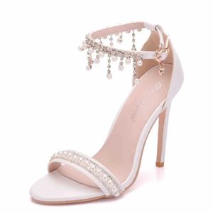 Dress Shoes Crystal Queen Sexy Women Sandals High Heels Pearl Rhinestone 11CM Open Toe Ankle Strap Party Pumps H240409 5SEF