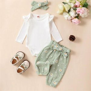 Clothing Sets Spring Autumn Born Baby Girls Clothes Ribbed Long Sleeve Ruffle Romper Cotton Linen Belted Pants Headband Outfits