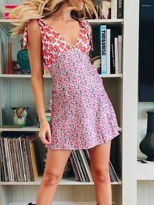 Casual Dresses Floral Print Bind Up Strap A-Line Dress Boho Beach Holiday Party Vintage Vestidos Women Sexig lågklipp V Neck Backless Mini