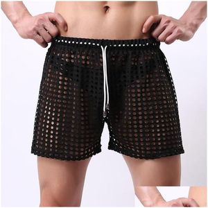 Mäns shorts Mens Trunks Mesh Fishnet Hollow Out Boxers Transparent Loose Causal Bot snabbtorkande Elastici Palestramens Drop Delivery Dh9wa