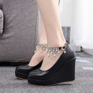 Dress Shoes Crystal Queen Ankle Strap Platform Wedges Women Pump High Heels Sapato Feminino H240409 XQDK