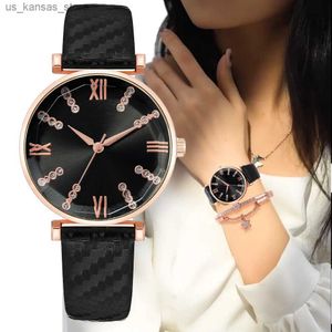 Wristwatches Luxury 2 Piece Set Ladies Branded es Fashion Roman Numeral With Diamonds Women Quartz Black Leather Dress Wriste240409