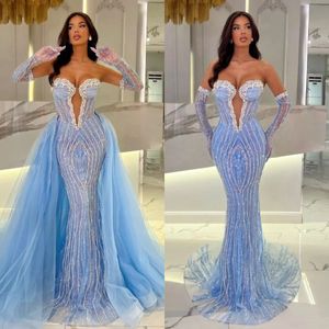 Baby blue crystal Mermaid Evening Dresses elegant with detachable train illusion sweetheart Beaded Prom dress formal dresses for women